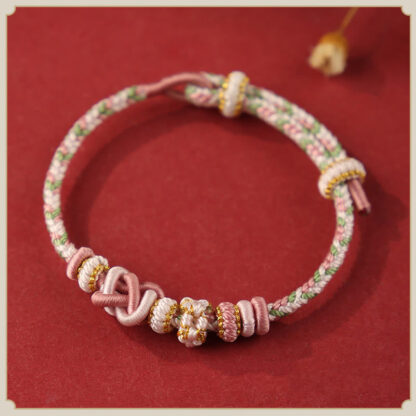 Handcrafted Peach Blossom Peace Knot Colorful Rope Adjustable Bracelet - 图片 5