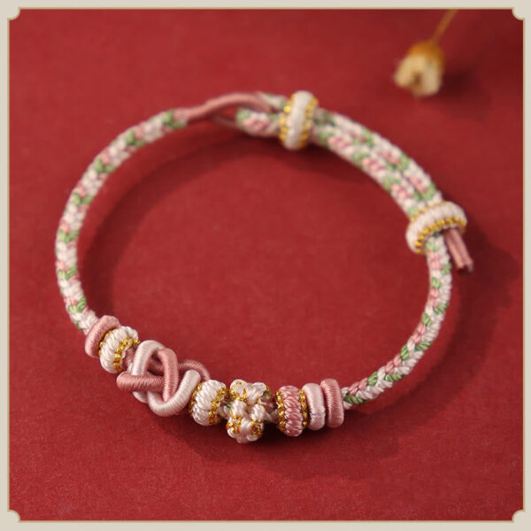 Handcrafted Peach Blossom Peace Knot Colorful Rope Adjustable Bracelet - 图片 5