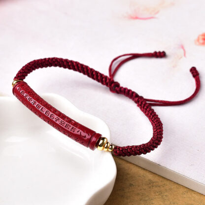 Handmade Cinnabar Om Mani Padme Hum Heart Sutra Blessing Braided Bracelet - 图片 5