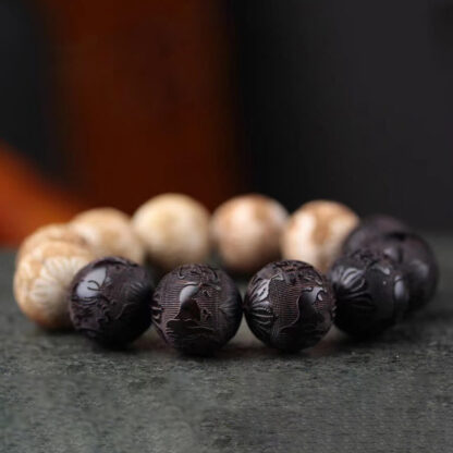 Ebony Wood Camphor Wood Yin Yang Ox Engraved Peace Bracelet - 图片 3
