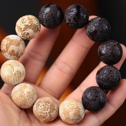 Ebony Wood Camphor Wood Yin Yang Ox Engraved Peace Bracelet - 图片 5