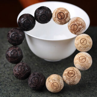 Ebony Wood Camphor Wood Yin Yang Ox Engraved Peace Bracelet