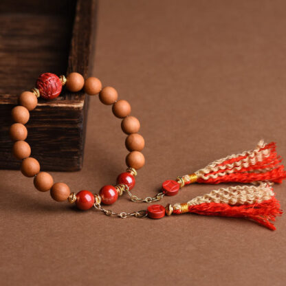 Tibetan Natural Peach Wood Cinnabar PiXiu Wealth Tassels Bracelet - 图片 5