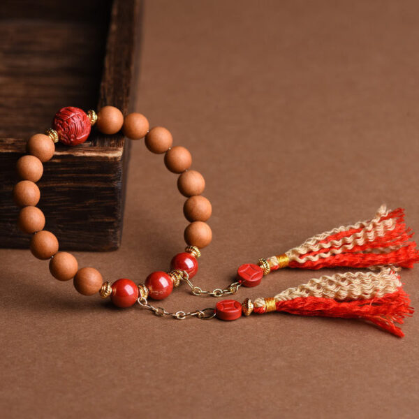 Tibetan Natural Peach Wood Cinnabar PiXiu Wealth Tassels Bracelet - 图片 5