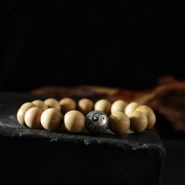 Buddha Stones Tibet Peach Wood Lotus Cinnabar Bagua Yin Yang Luck Wealth Bracelet - 图片 13