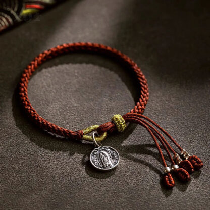 Handmade 925 Sterling Silver Five Directions Gods of Wealth Luck Protection String Braid Bracelet - 图片 2