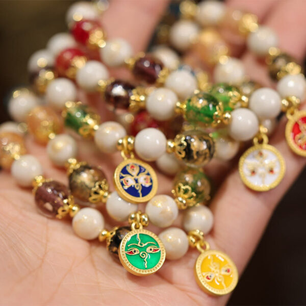 Tibetan Five God Of Wealth Fortune Liuli Glass Bead Incense Ash Porcelain Bead Charm Bracelet - 图片 5