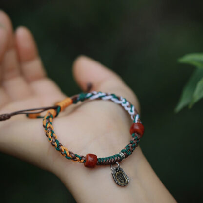 Handmade Tibetan Silver 925 Sterling Silver Zakiram Goddess of Wealth Camel Bone Protection Braided Bracelet - 图片 6