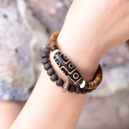 Tibetan Nine-Eye Dzi Bead Green Sandalwood Ebony Wood Peace Double Wrap Bracelet - 图片 6