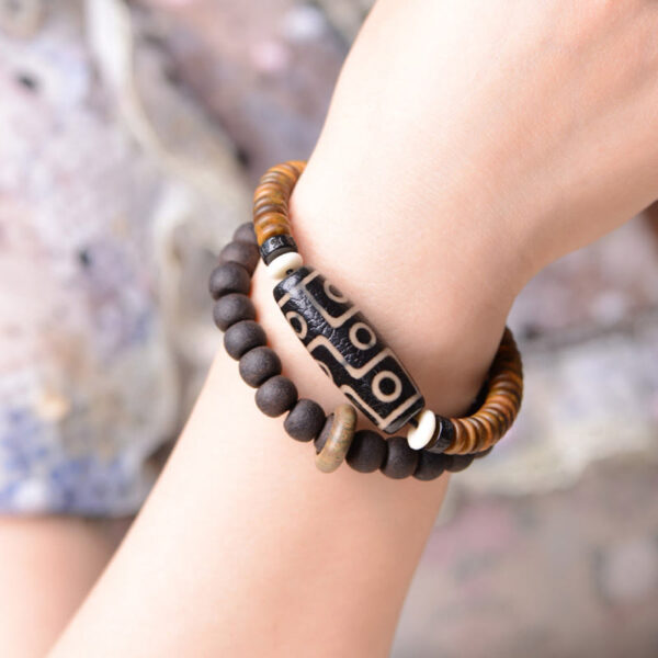 Tibetan Nine-Eye Dzi Bead Green Sandalwood Ebony Wood Peace Double Wrap Bracelet - 图片 6
