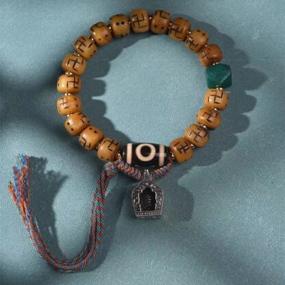 Natural Tibetan Camel Bone Swastika Dzi Bead Shankha Buddha Charm Kirtimukha Luck Protection Tassel Bracelet - 图片 2