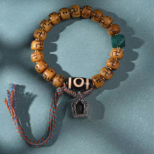 Natural Tibetan Camel Bone Swastika Dzi Bead Shankha Buddha Charm Kirtimukha Luck Protection Tassel Bracelet - 图片 2