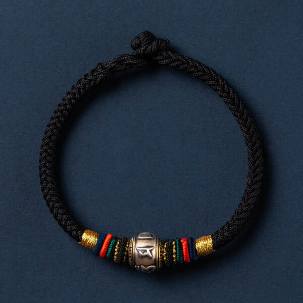 925 Sterling Silver Tibet Handmade Om Mani Padme Hum Luck Protection King Kong Knot Braided Bracelet - 图片 14