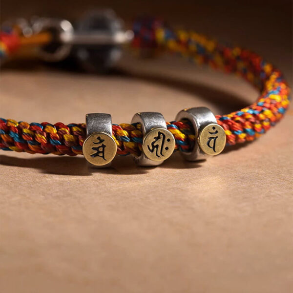 Handmade Tibetan 925 Sterling Silver Chinese Zodiac Natal Buddha Zakiram Goddess of Wealth Protection Multicolored Rope Braided Bracelet - 图片 19