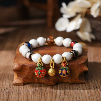 Gold Swallowing Beast Family Charm Liuli Glass Colorful Porcelain Bead Luck Bracelet - 图片 7