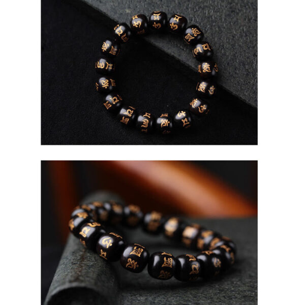 Buddha Stones Tibetan Ebony Wood Om Mani Padme Hum Engraved Peace Bracelet - 图片 5