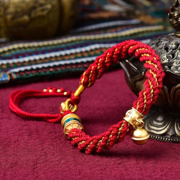 Buddha Stones Tibetan Handmade Luck Protection Thangka Prayer Wheel Bell Charm Braid String Bracelet - 图片 9