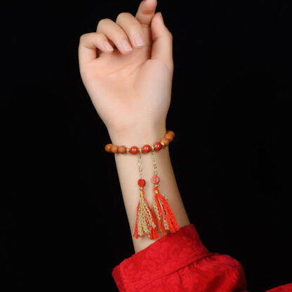 Tibetan Natural Peach Wood Cinnabar PiXiu Wealth Tassels Bracelet - 图片 7
