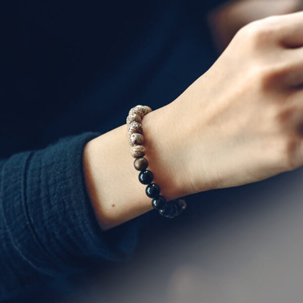 Buddha Stones Tibetan Bodhi Seed Black Obsidian Ebony Wood Copper Peace Bracelet - 图片 5