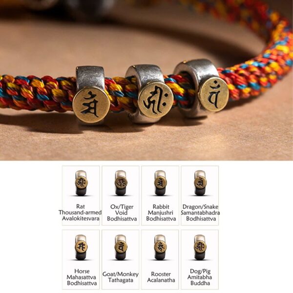 Handmade Tibetan 925 Sterling Silver Chinese Zodiac Natal Buddha Zakiram Goddess of Wealth Protection Multicolored Rope Braided Bracelet - 图片 26