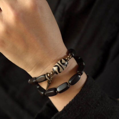 Tibet Ebony Wood Dzi Bead Copper Balance Double Wrap Bracelet - 图片 16