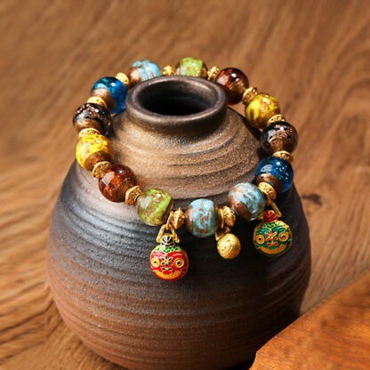 Gold Swallowing Beast Family Charm Liuli Glass Bead Fortune Bracelet - 图片 21