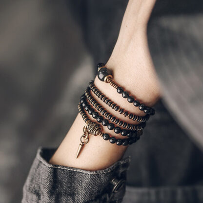 Buddha Stones Rainbow Obsidian Ebony Wood Copper Positive Multilayer Bracelet - 图片 13