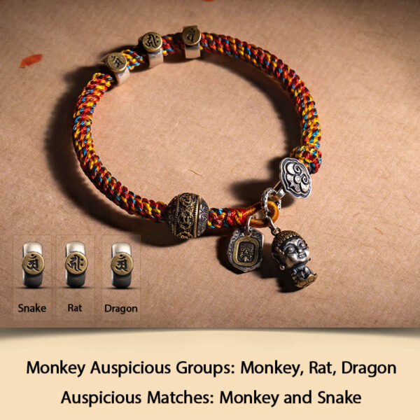 Handmade Tibetan 925 Sterling Silver Chinese Zodiac Natal Buddha Zakiram Goddess of Wealth Protection Multicolored Rope Braided Bracelet - 图片 15
