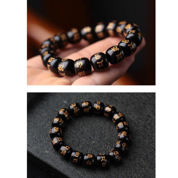 Buddha Stones Tibetan Ebony Wood Om Mani Padme Hum Engraved Peace Bracelet - 图片 6