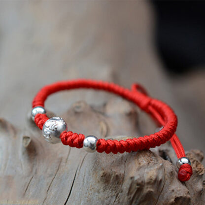 Buddha Stones 999 Sterling Silver Om Mani Padme Hum Copper Coin Luck Strength String Couple Bracelet - 图片 7