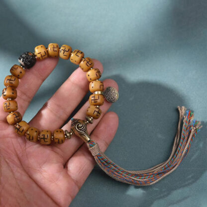 Natural Tibetan Camel Bone Swastika Dzi Bead Shankha Buddha Charm Kirtimukha Luck Protection Tassel Bracelet - 图片 5