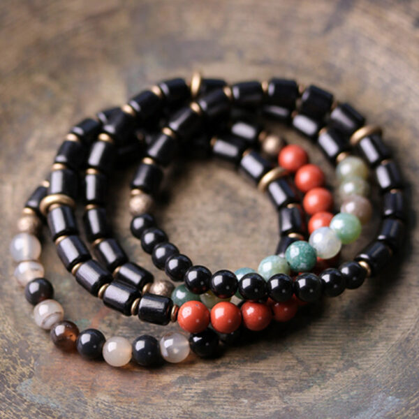 Buddha Stones Ebony Wood Red Jasper Moss Agate Crystal Copper Peace Couple Bracelet - 图片 2