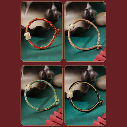 Buddha Stones 999 Gold Hetian White Jade Om Mani Padme Hum Fu Character Luck Braided Bracelet - 图片 17