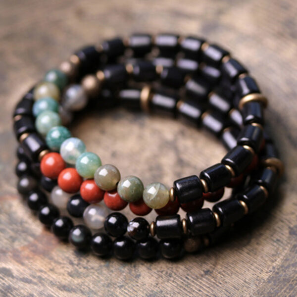 Buddha Stones Ebony Wood Red Jasper Moss Agate Crystal Copper Peace Couple Bracelet - 图片 3