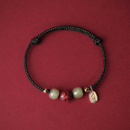 14K Gold Plated Hetian Jade Cinnabar Lotus Luck Handcrafted Rope Bracelet - 图片 7