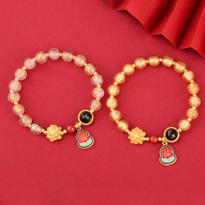 Tibet Om Mani Padme Hum Fu Character Gourd Charm Lotus Liuli Glass Bead Luck Bracelet - 图片 12