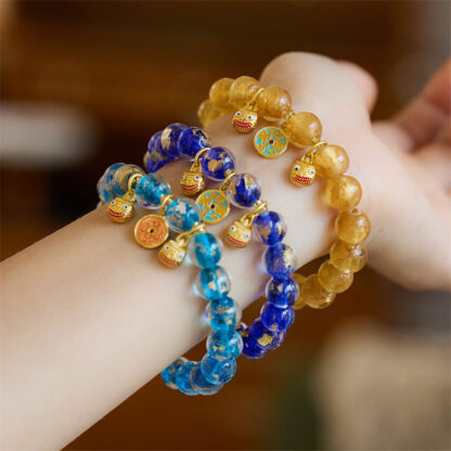 Gold Swallowing Beast Copper Coin Good Luck Charm Liuli Glass Bead Fortune Bracelet - 图片 3