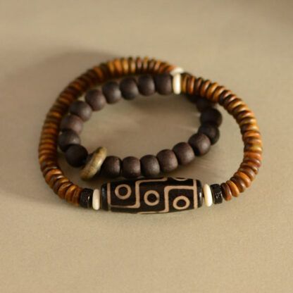 Tibetan Nine-Eye Dzi Bead Green Sandalwood Ebony Wood Peace Double Wrap Bracelet - 图片 5
