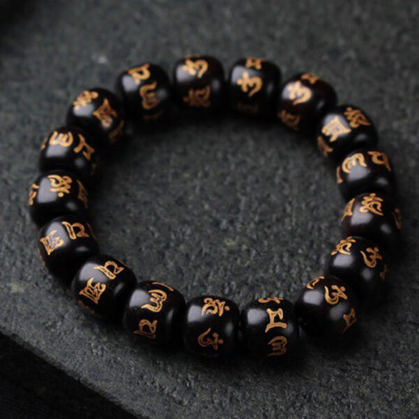 Buddha Stones Tibetan Ebony Wood Om Mani Padme Hum Engraved Peace Bracelet - 图片 2