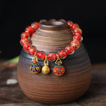 Gold Swallowing Beast Family Charm Gold Silver Foil Liuli Glass Bead Blessings Bracelet - 图片 3