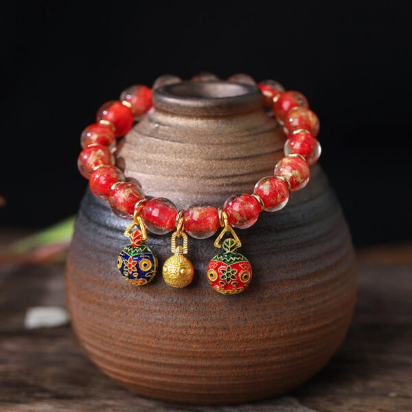 Gold Swallowing Beast Family Charm Gold Silver Foil Liuli Glass Bead Blessings Bracelet - 图片 3