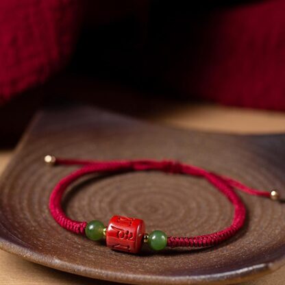 Tibetan Cinnabar Om Mani Padme Hum Engraved Blessing Braided Rope Bracelet - 图片 7