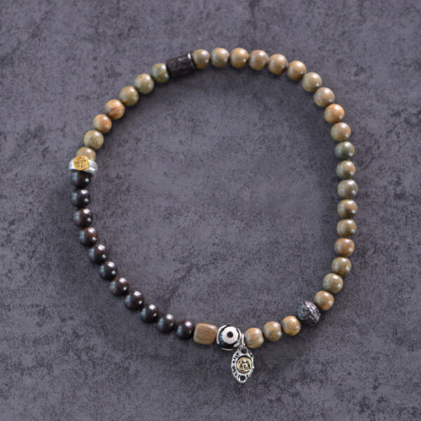 Tibetan Green Sandalwood Ebony Wood Three-eyed Dzi Bead Fu Character Balance Peace Double Wrap Bracelet - 图片 4
