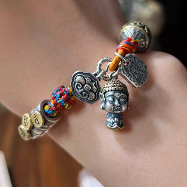 Handmade Tibetan 925 Sterling Silver Chinese Zodiac Natal Buddha Zakiram Goddess of Wealth Protection Multicolored Rope Braided Bracelet - 图片 21
