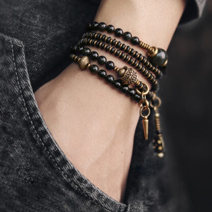 Buddha Stones Rainbow Obsidian Ebony Wood Copper Positive Multilayer Bracelet - 图片 3