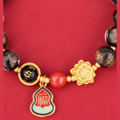 Tibet Om Mani Padme Hum Fu Character Gourd Charm Lotus Liuli Glass Bead Luck Bracelet - 图片 3