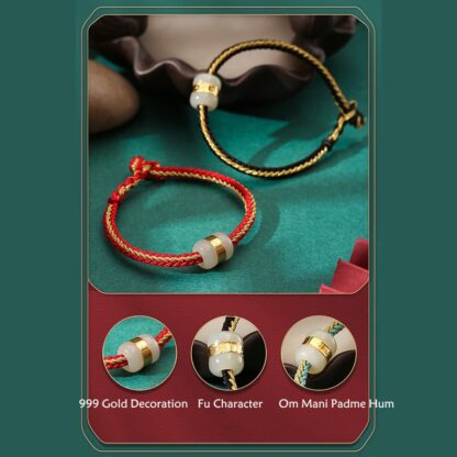 Buddha Stones 999 Gold Hetian White Jade Om Mani Padme Hum Fu Character Luck Braided Bracelet - 图片 13