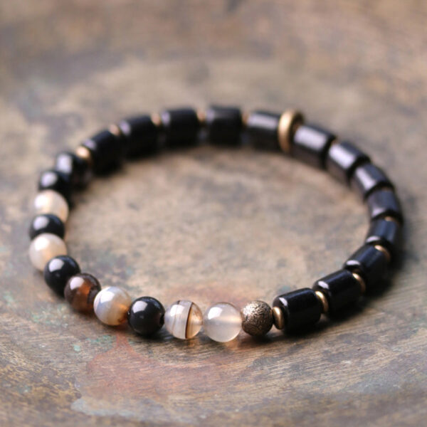 Buddha Stones Ebony Wood Red Jasper Moss Agate Crystal Copper Peace Couple Bracelet - 图片 13