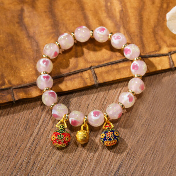 Gold Swallowing Beast Family Charm Luminous Pink Love Heart Fluorescent Liuli Glass Bead Blessings Bracelet - 图片 2