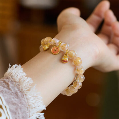 Gold Swallowing Beast Copper Coin Good Luck Charm Liuli Glass Bead Fortune Bracelet - 图片 4